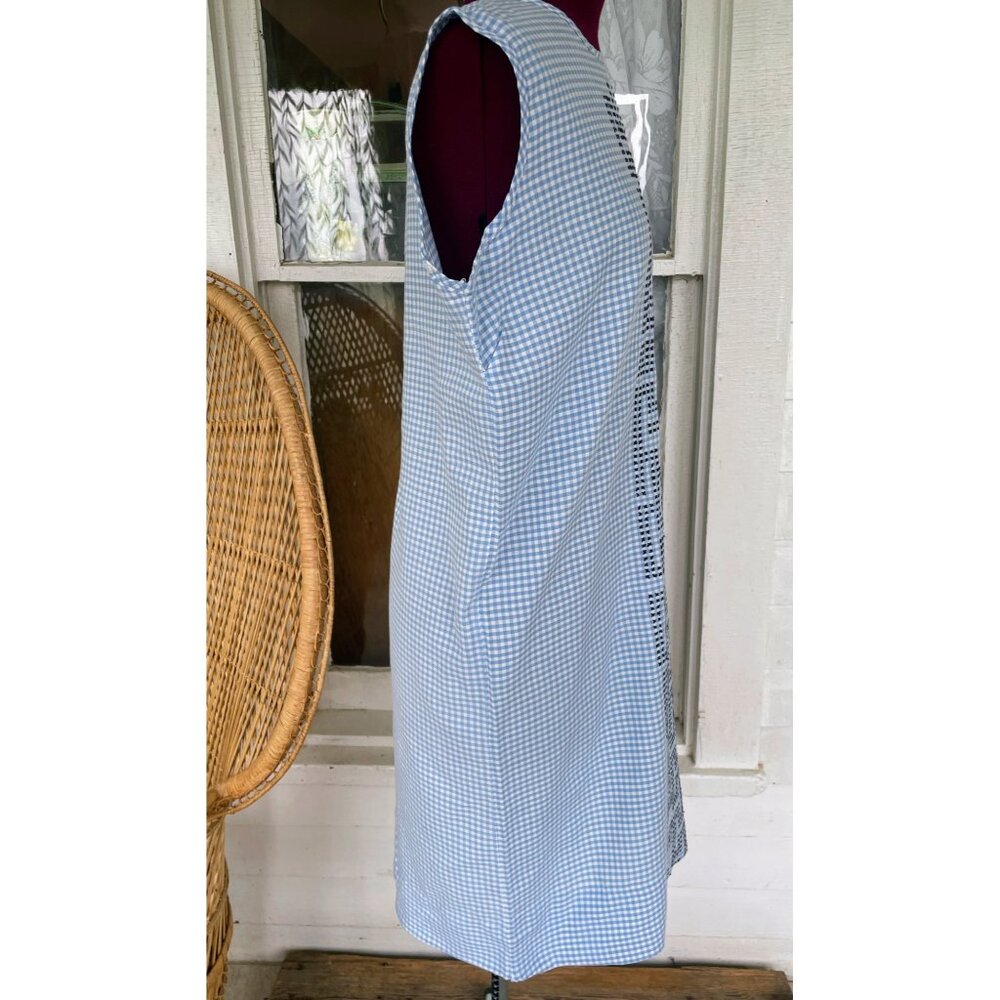 Vintage 1960s Blue White Gingham Checked Embroidered Cotton House Dress L/M - Picture 4 of 16
